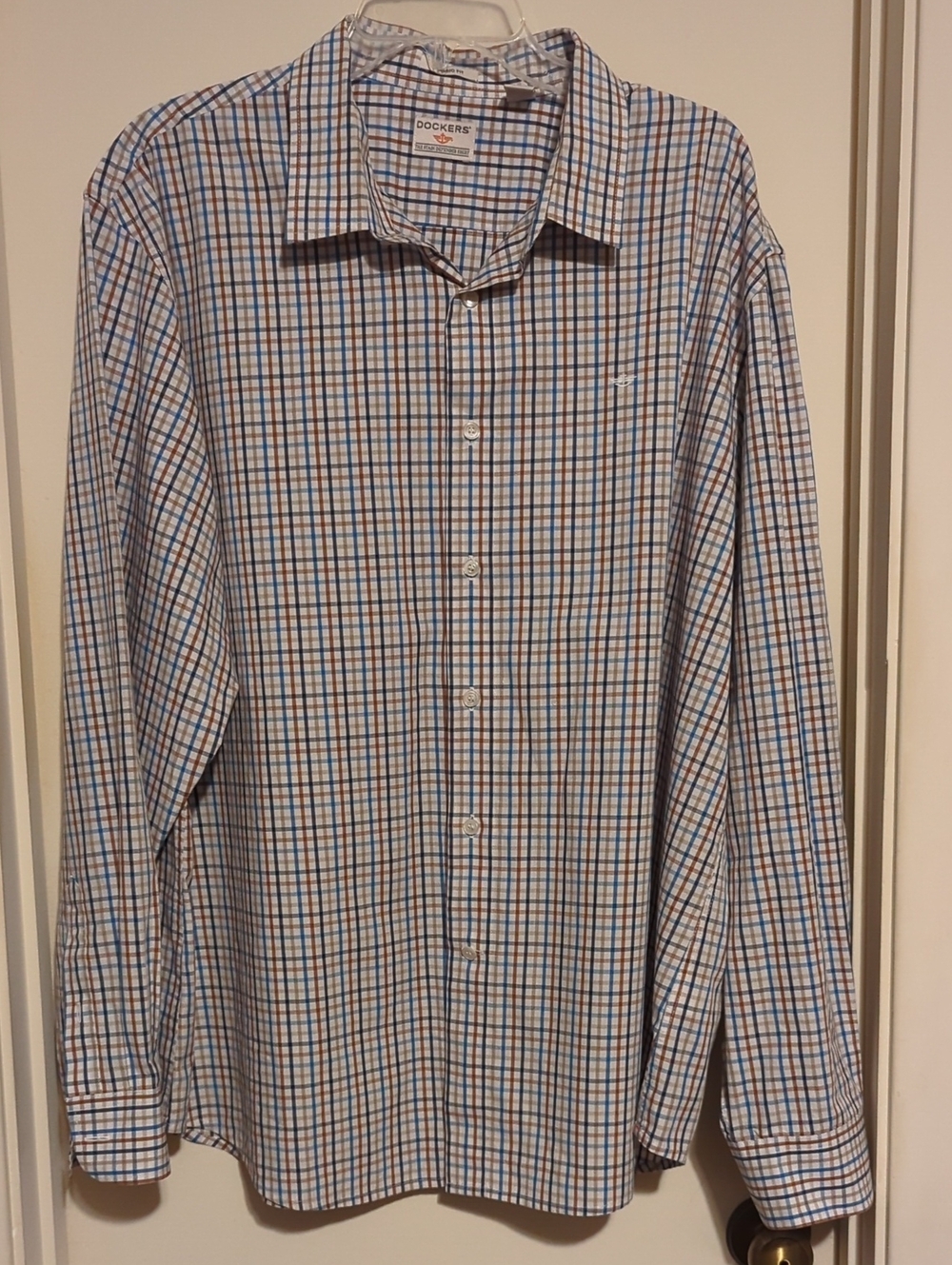 Dockers Men’s White Button-Up Shirt with Blue and Brown Plaid